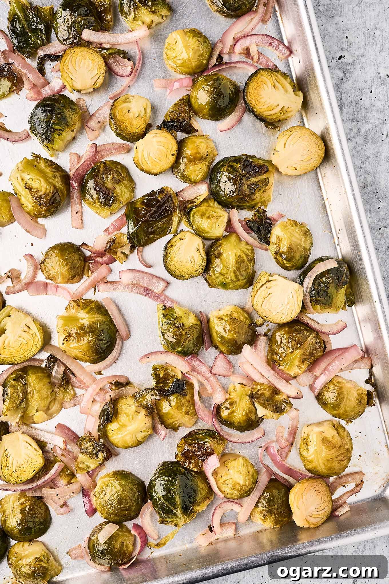 Bold Blue Brussels Sprouts 5 Fresh from the oven, roasted Brussels sprouts and slices of red onion on a baking sheet.