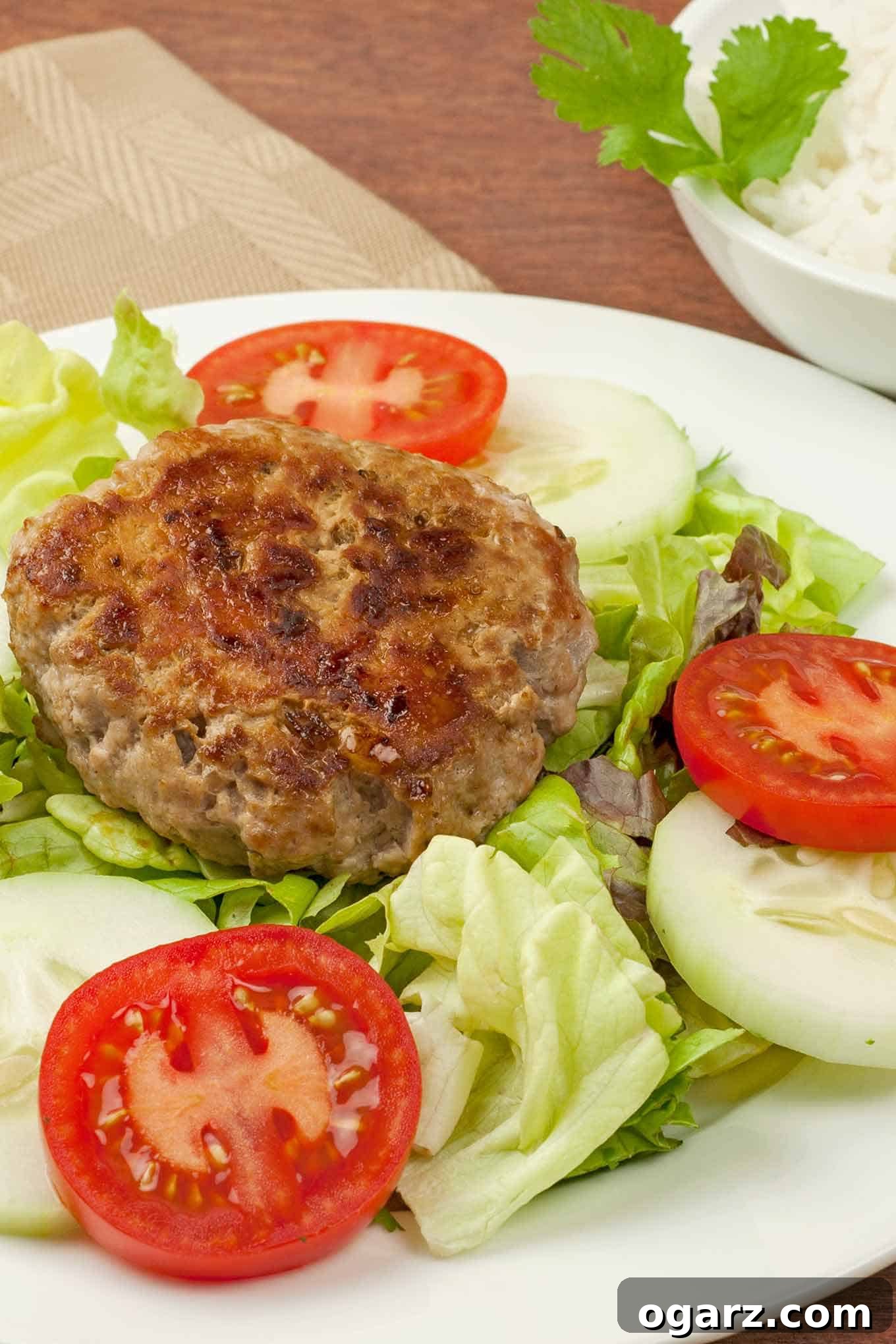 Vietnamese pork patty on a bed of lettuce surrounded by sliced cucumber and tomatoes.