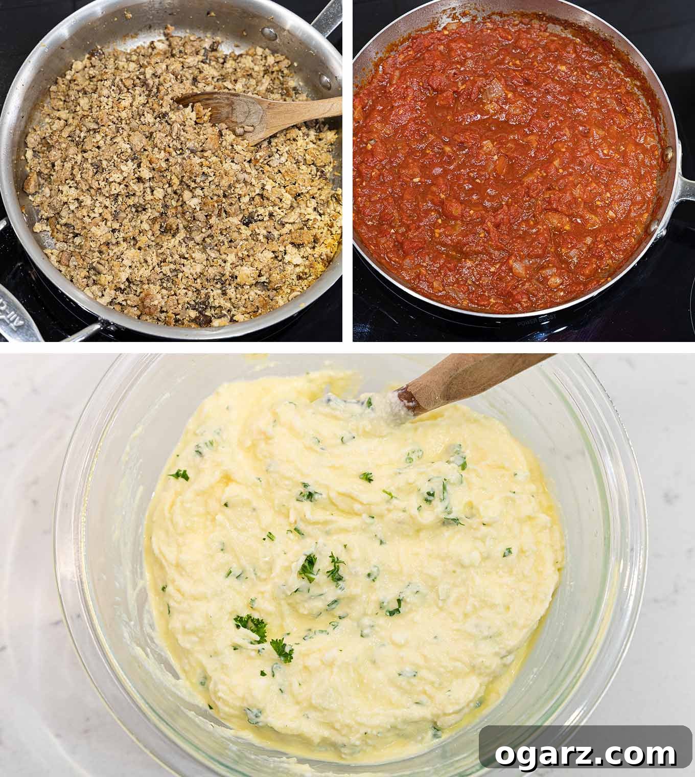 Hearty Sausage Lasagna 3 Photo collage sausage lasagna prep; browned meat mixture in a pan, homemade marinara in a pan, ricotta cheese filling in a mixing bowl. Essential components for building the perfect lasagna.