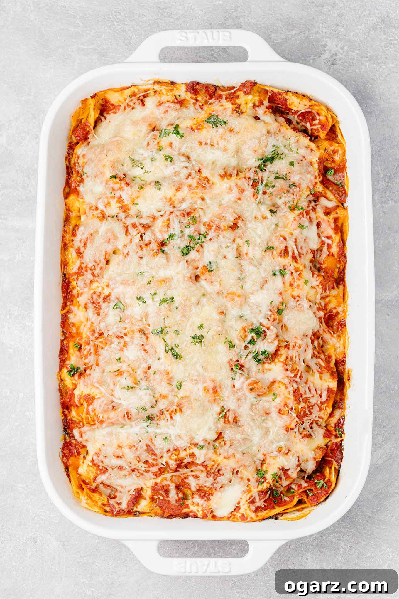 Hearty Sausage Lasagna 5 A fully-baked sausage lasagna in its pan, melted cheese and a sprinkling of parsley on top, ready to be cut and served. The aroma is almost palpable.