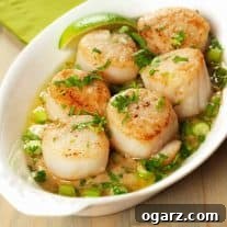 An oval dish of pan-seared sea scallops in a creamy, buttery sauce of fresh ginger, garlic, and lime, garnished with fresh cilantro.