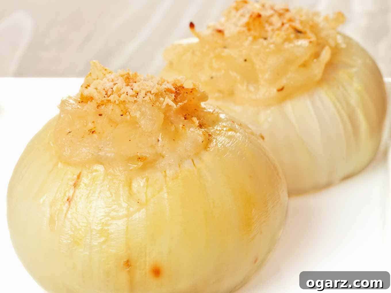 Sweet and Savory Stuffed Vidalias 2 A white plate with two baked stuffed Vidalia onions filled with a creamy, sautéed onion mixture and topped with golden breadcrumbs, offering a delicious alternative to potatoes or pasta.