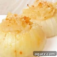 Sweet and Savory Stuffed Vidalias 3 A white plate with two baked stuffed Vidalia onions filled with a creamy, sautéed onion mixture and topped with golden breadcrumbs.