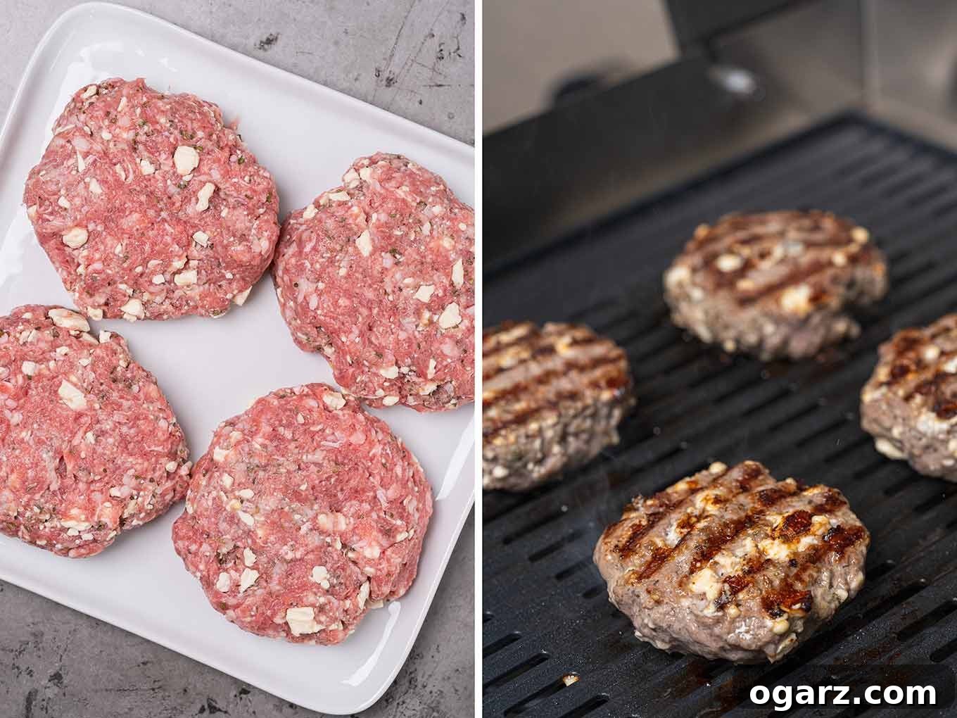 Grecian Lamb & Herb Burgers 4 Split photo of formed lamb patties ready for grilling on the left, burgers with grill marks on the grill on the right.