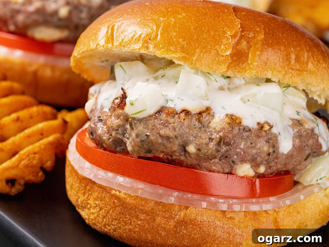 Grecian Lamb & Herb Burgers 5 A close up of a grilled lamb burger studded with chunks of melted feta on a roll with thin sliced onion and tomato and tzatziki sauce with fresh herbs.