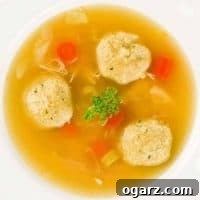 Overhead view of a bowl of matzo ball soup with carrots, celery, shredded chicken, and parsley in clear broth.