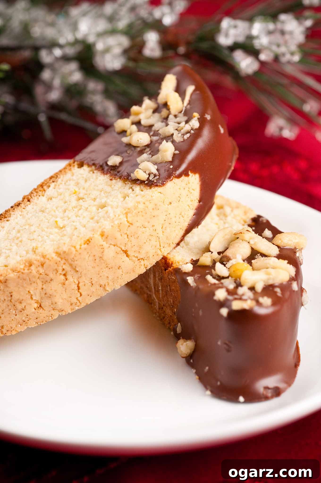 Golden Buttery Orange Biscotti 3 Two chocolate dipped orange biscotti on a white serving plate with Christmas table decor in the background.