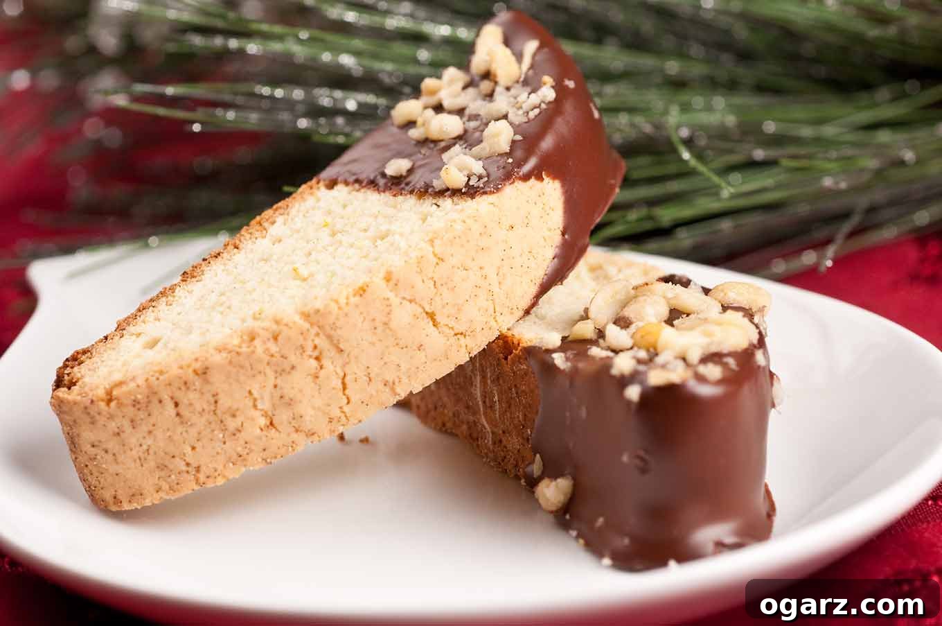 Golden Buttery Orange Biscotti 7 A side view of chocolate dipped biscotti rolled in chopped pine nuts on a plate on a red tablecloth.