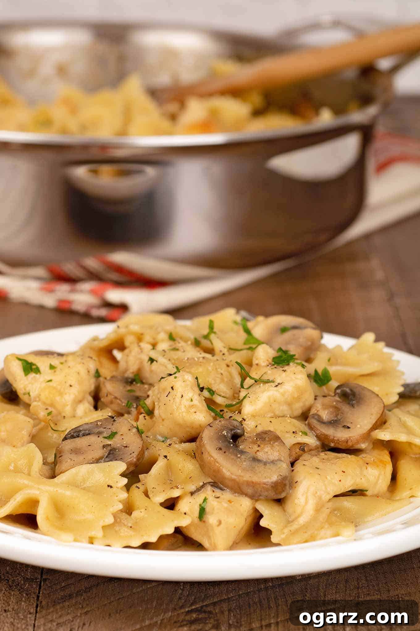 A serving plate of farfalle combined with mushrooms and bite-sized pieces of chicken breasts in a creamy marsala sauce, a sauté pan with more in the background.