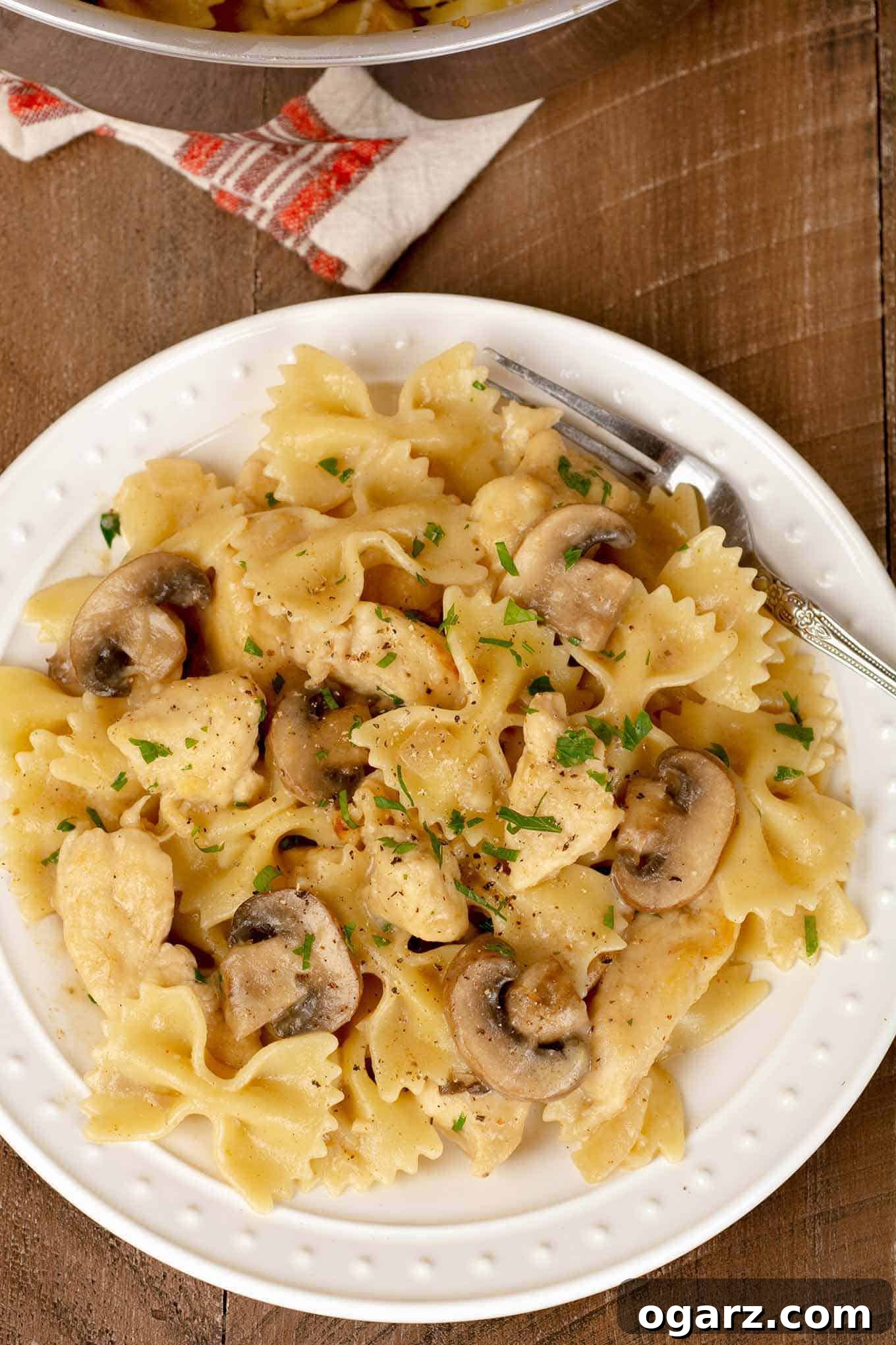 A plate of bow tie pasta (farfalle) combined with chunks of chicken breasts and sliced mushrooms in creamy marsala sauce garnished with chopped parsley. 