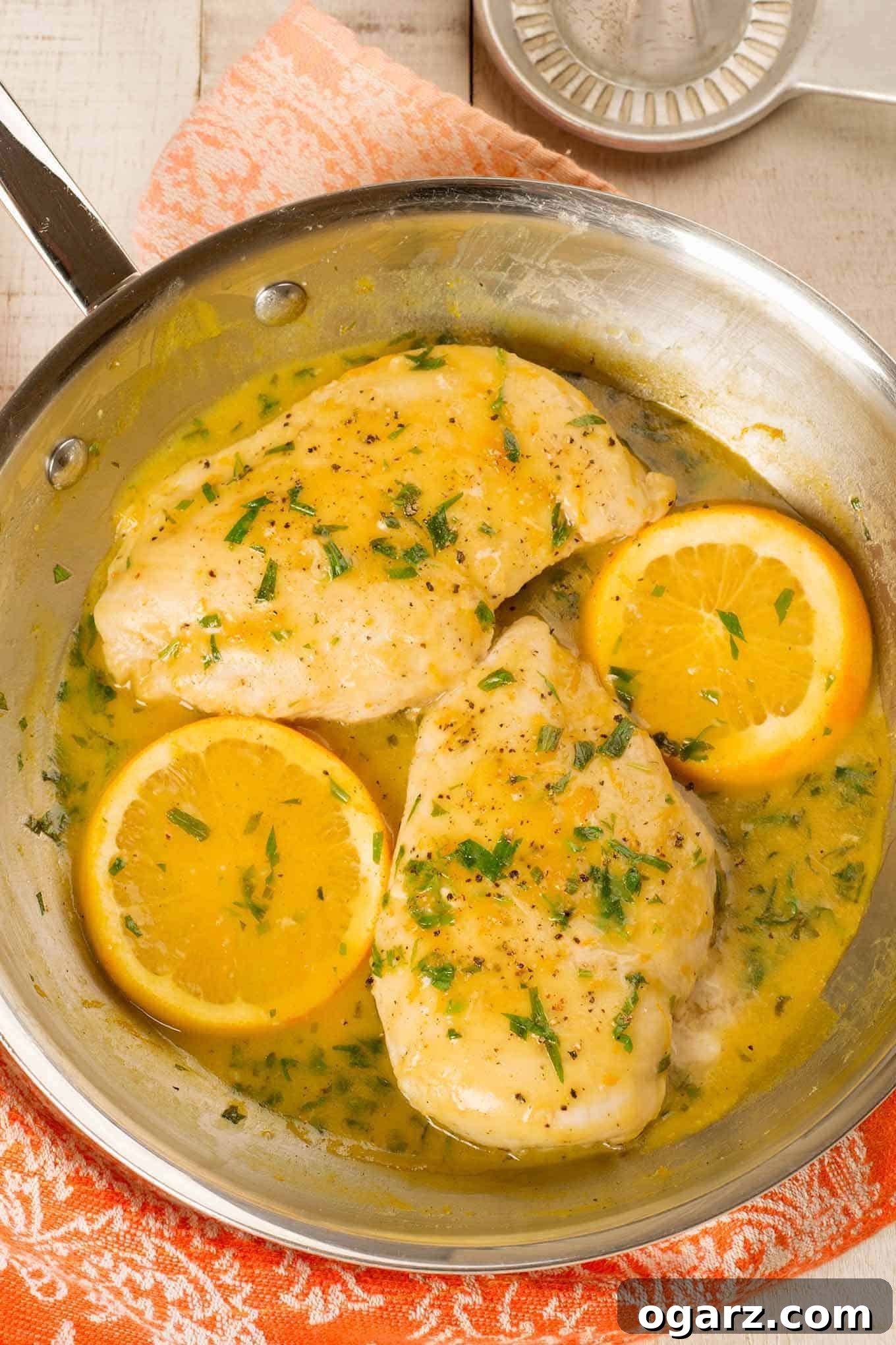 Zesty Orange Tarragon Chicken 2 Tender pan-seared chicken breasts coated in a vibrant orange and tarragon pan sauce, garnished with fresh orange slices and chopped tarragon. An overhead view showing the exquisite plating in a stainless steel pan, ready to be served.