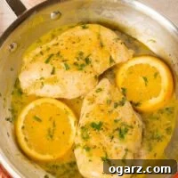 An overhead view of a stainless frying pan with two boneless chicken breasts, two orange slices, and orange pan sauce, sprinkled with chopped fresh tarragon. A complete and delicious meal ready to be served.