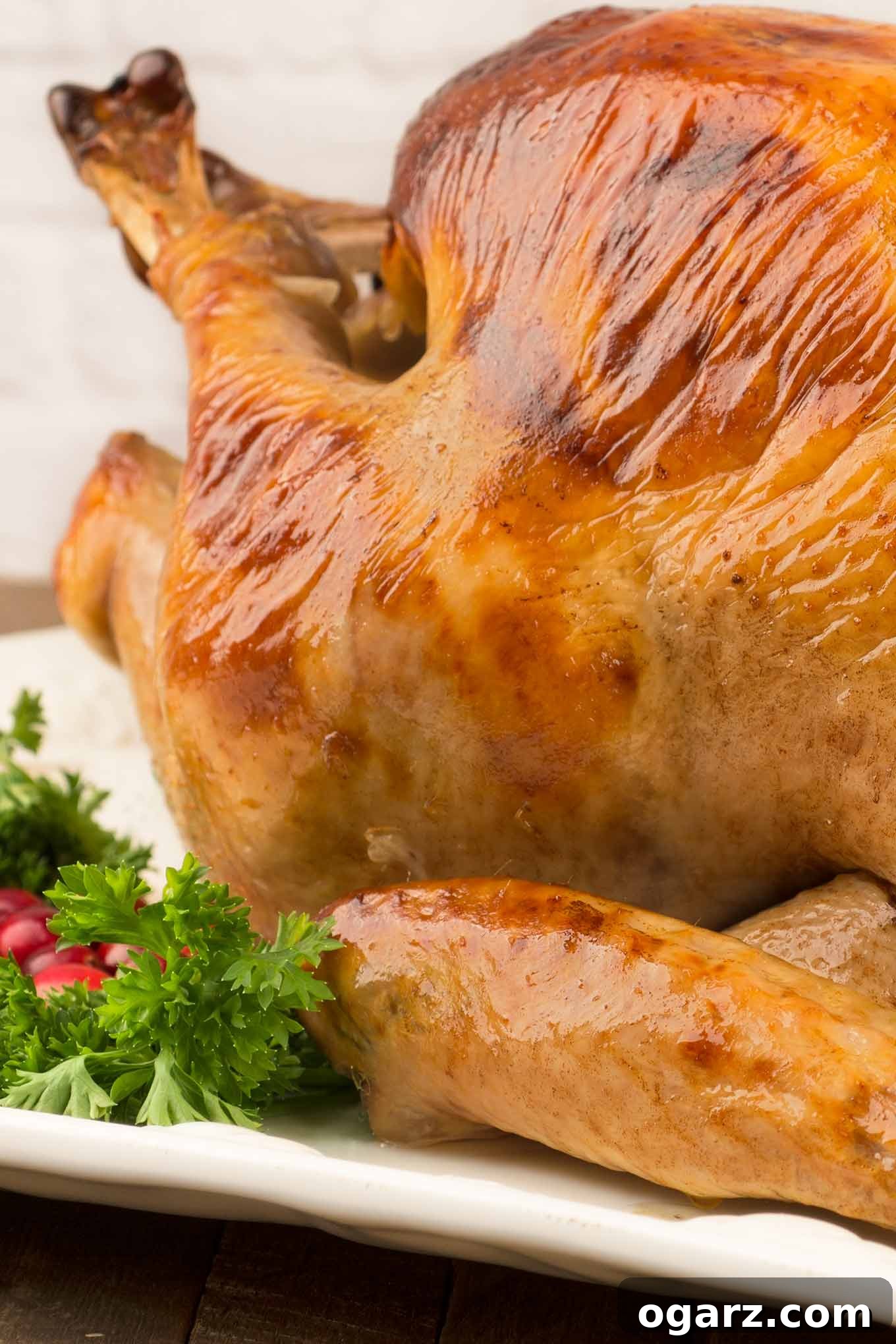 Succulent Buttermilk and Honey Brined Turkey 2 A close-up photo of a whole brined and roasted turkey on a serving platter, garnished with fresh parsley and cranberries.
