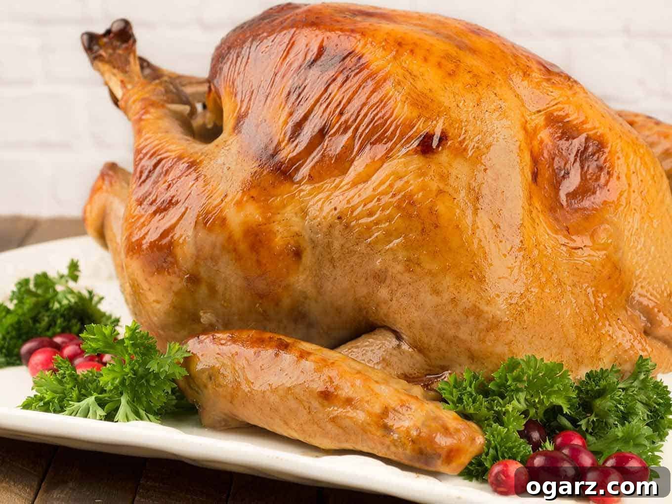 Succulent Buttermilk and Honey Brined Turkey 3 An uncarved buttermilk and honey brined turkey with crisp, golden brown skin and a garnish of parsley and fresh cranberries.