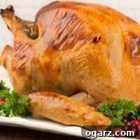 An uncarved buttermilk and honey brined turkey with crisp, golden brown skin and a garnish of parsley and fresh cranberries.