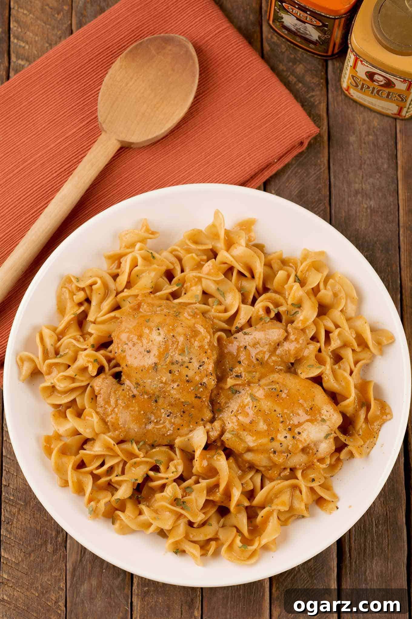 Creamy Instant Pot Chicken Paprikas 2 An overhead view of Instant Pot chicken paprikas showing boneless, skinless chicken thighs with sour cream and paprika atop of plate of egg noodles.