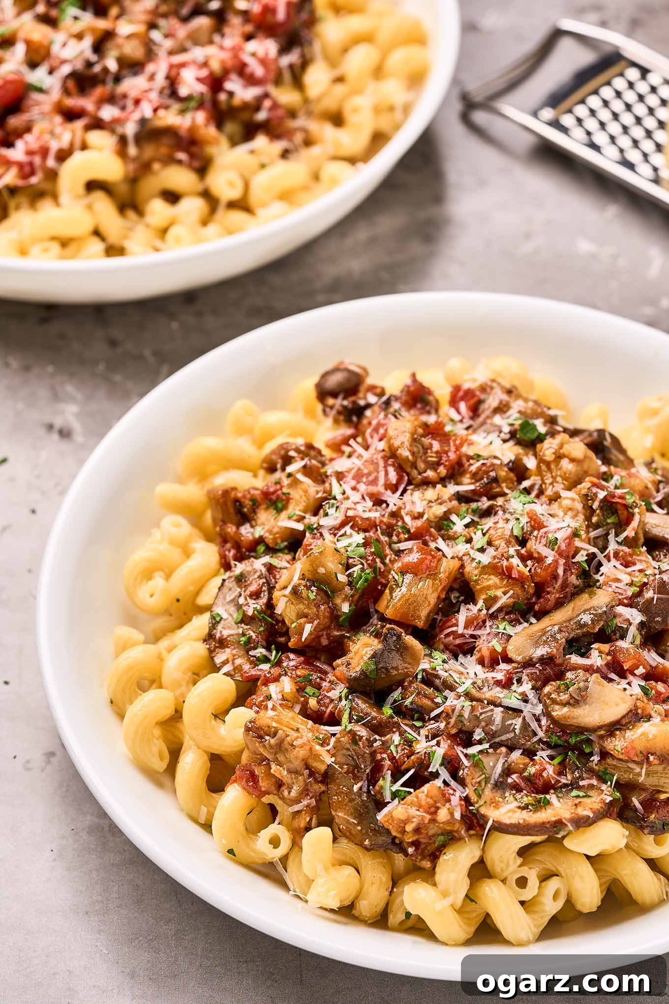 Umami Eggplant and Mushroom Pasta 2 Two bowls of eggplant and mushroom tomato ragu over cavatappi pasta, a sprinkling of finely grated Parmesan cheese and chopped parsley on top, metal grater in the background.