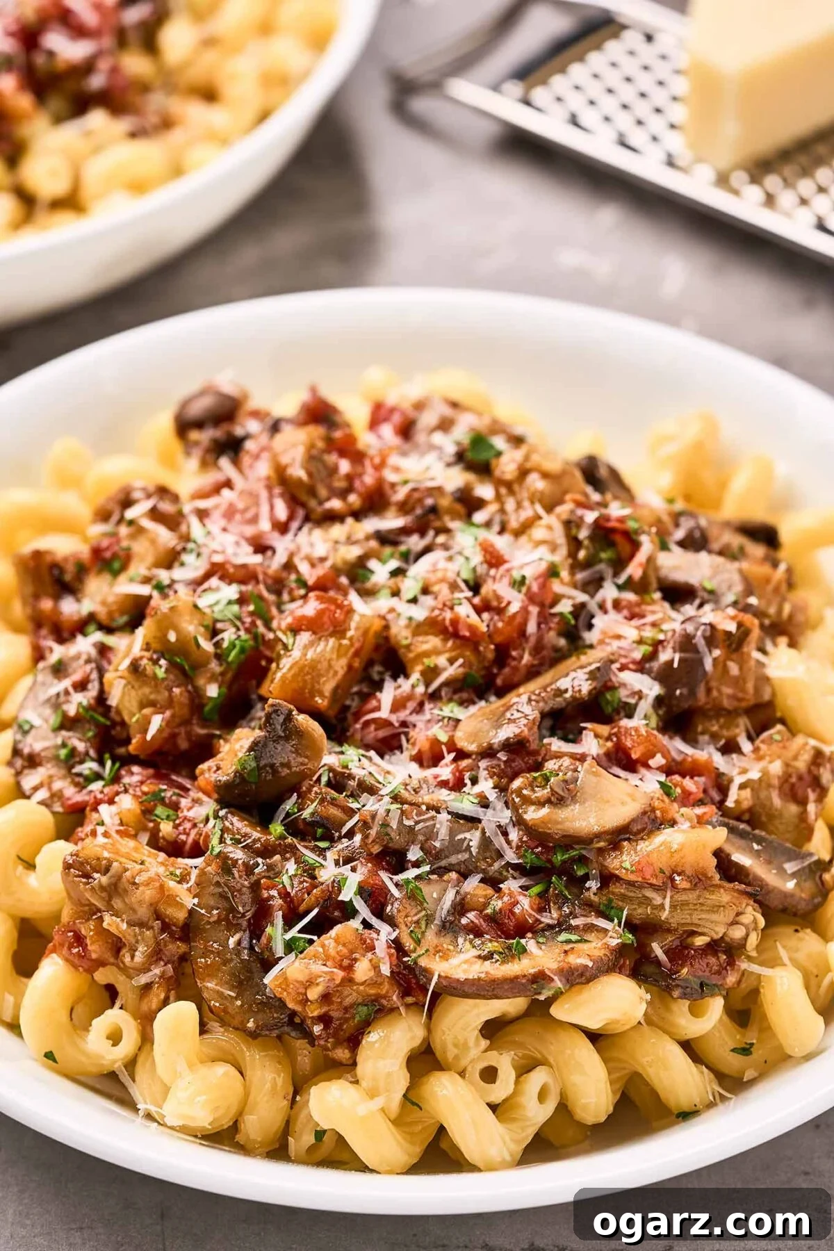 Umami Eggplant and Mushroom Pasta 7 A single serving bowl of eggplant and mushroom pasta topped with grated cheese and parsley, a second bowl nest to a cheese grater in the background.