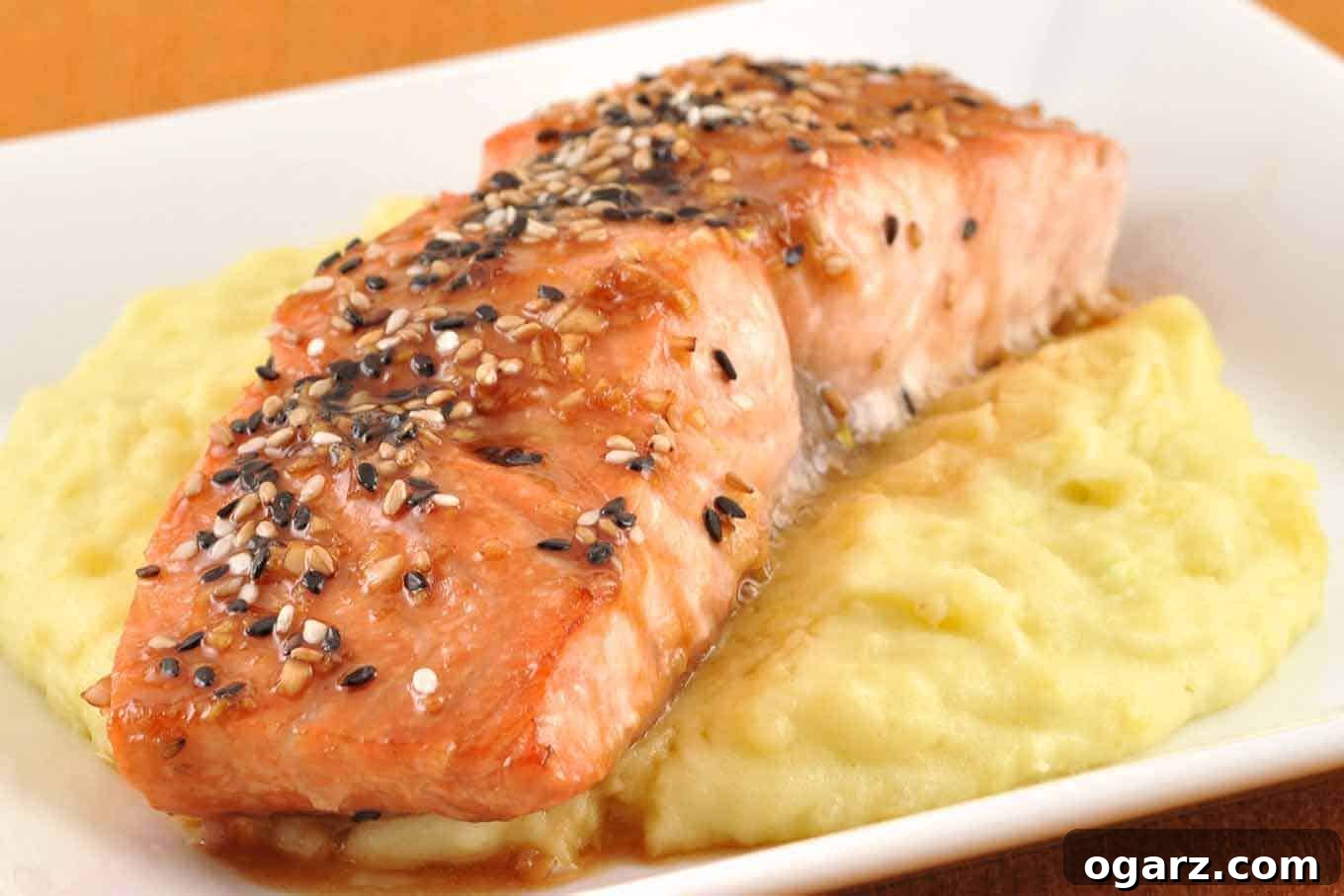 Sweet & Sticky Sesame Glazed Salmon 2 Delicious Glazed Sesame Salmon with Wasabi Mashed Potatoes - A quick and healthy oven-roasted meal.