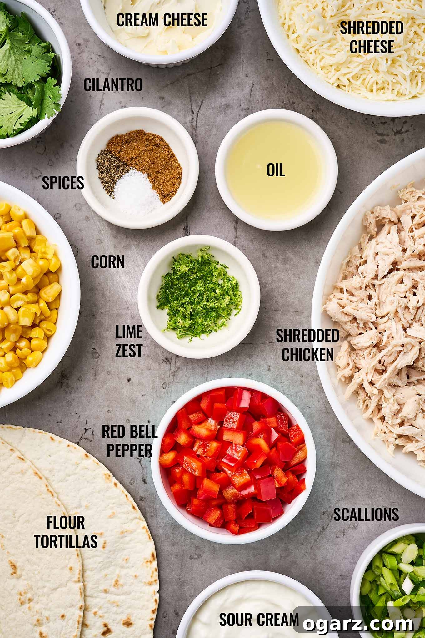 Ultimate Chicken and Cheese Quesadillas 3 An organized, overhead view showcasing all the fresh ingredients needed for irresistible chicken quesadillas, including finely shredded chicken, a mound of grated cheese, a block of cream cheese, vibrant red bell pepper, stacks of soft tortillas, and a selection of aromatic spices.