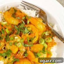 A shallow bowl filled with steamed white rice topped with coconut curry shrimp and garnished with chopped scallions, and cilantro.