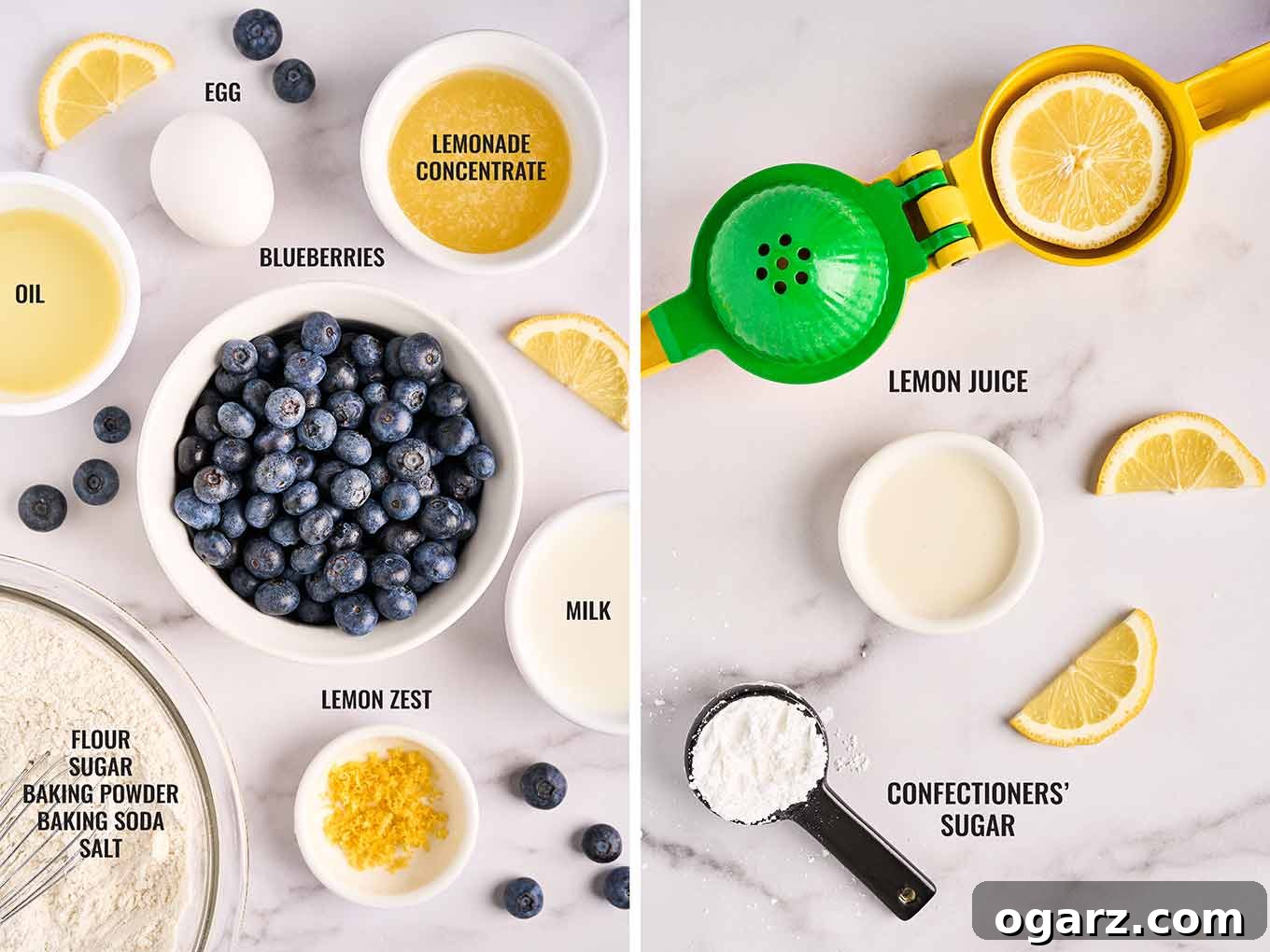 Sunshine Lemon Blueberry Loaf 3 The ingredients for a lemon blueberry loaf cake on a marble background, including fresh blueberries and lemons, lemonade concentrate, lemon zest and more, arranged for baking.