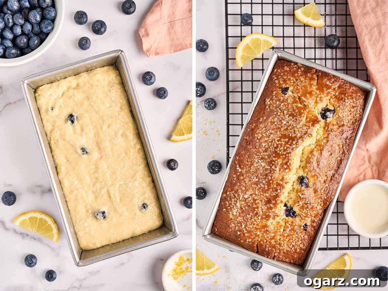 Sunshine Lemon Blueberry Loaf 4 Two prep photos; a loaf pan filled with lemon blueberry loaf cake batter (left), baked loaf cake topped with coarse sugar, resting atop a wire cooling rack, illustrating the baking process.