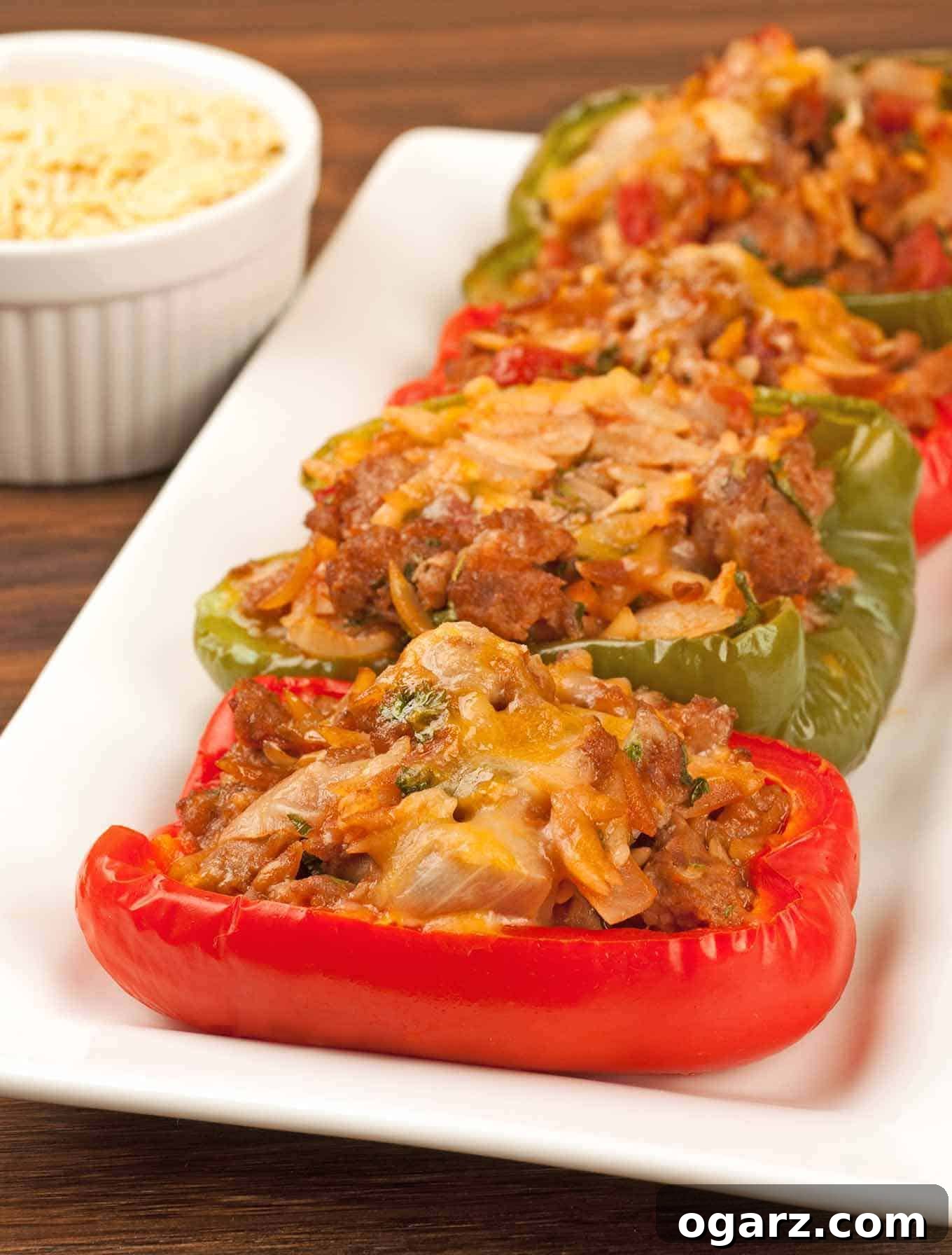 Turkey sausage and orzo stuffed bell peppers baked with melted cheese, served on a rectangular white platter.