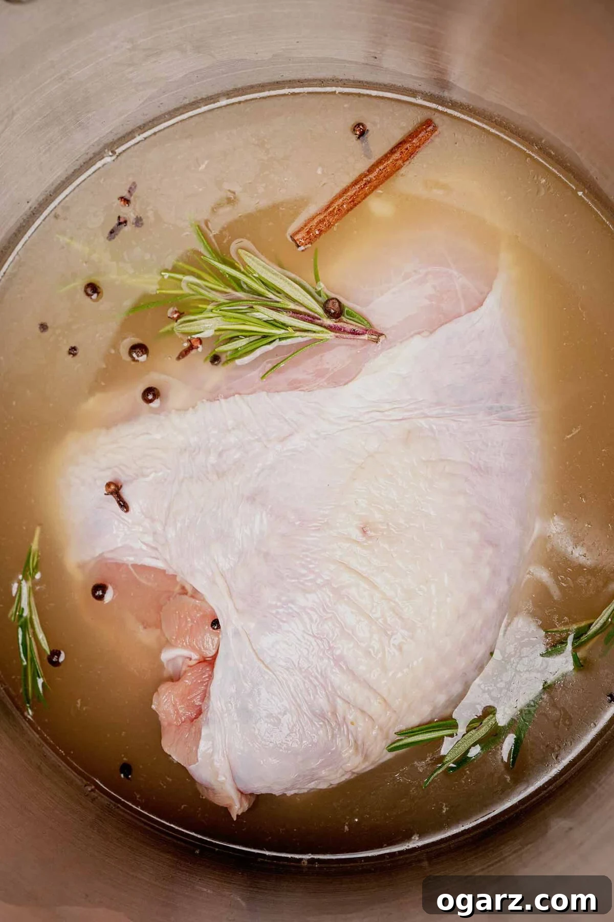 An overhead view of a fresh turkey breast submerged in apple cider brine in a large stainless steel stock pot.