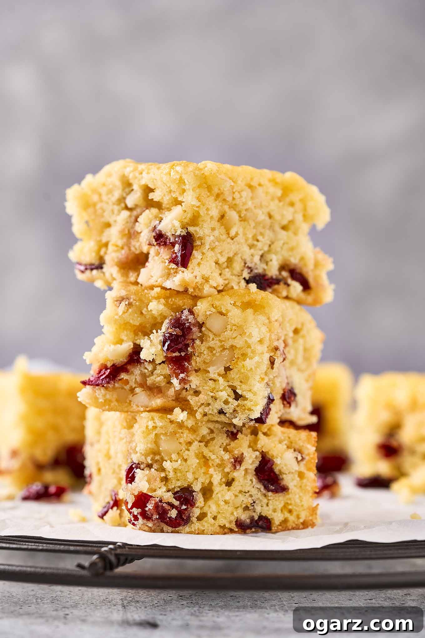 Zesty Cranberry Orange Squares 2 Three cranberry bars stacked on a cooling rack, showing their dried cranberries, almonds, and orange zest.