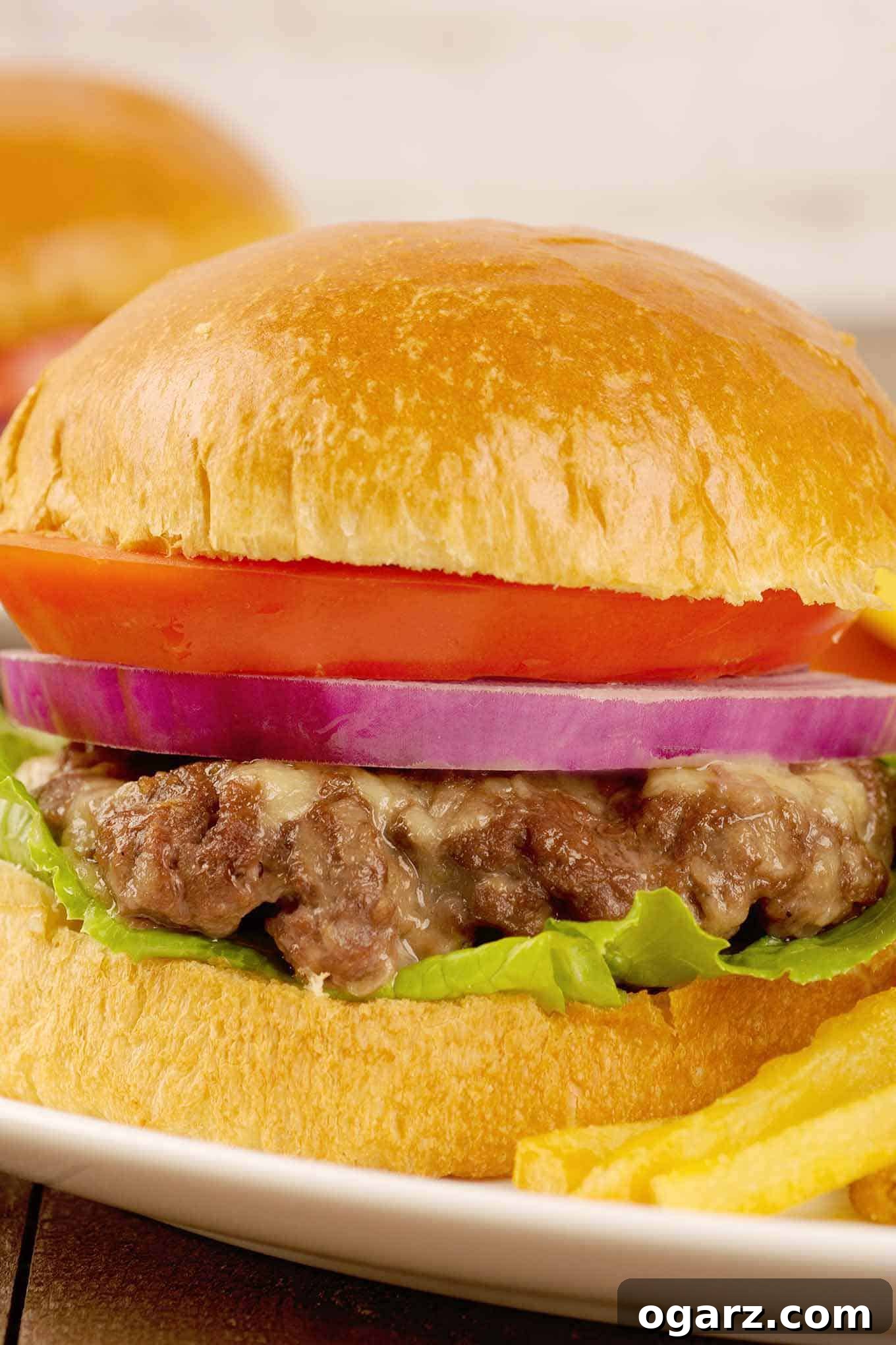 A close side view of an oven-baked cheeseburger stacked with lettuce, tomato, and onion, with the melted cheese inside the burger clearly visible. It's perfectly cooked and ready to be enjoyed.