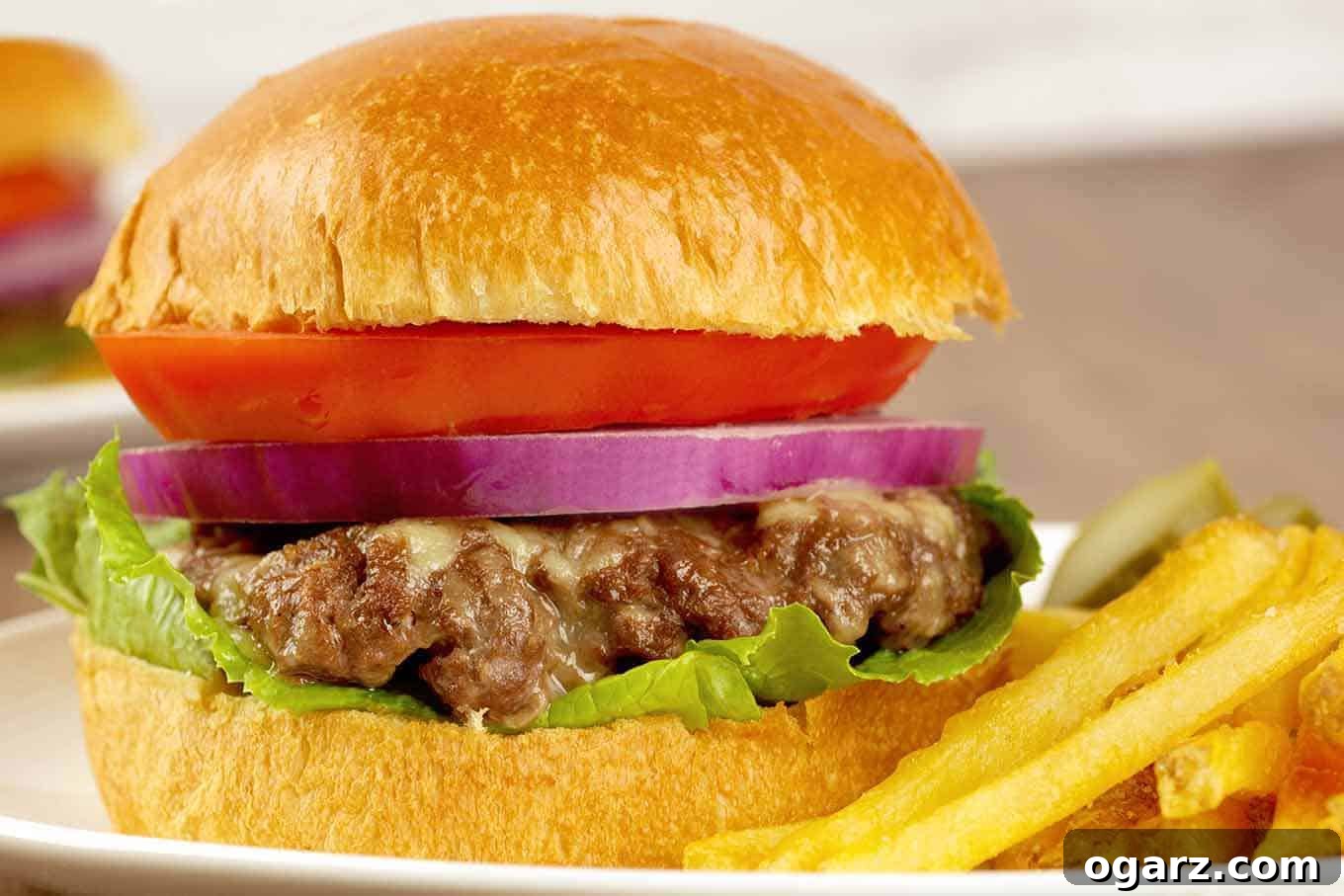 A soft hamburger roll with an oven-baked beef burger studded with melted cheddar cheese, topped with crisp lettuce, ripe tomato, and a slice of onion. A side of golden French fries completes the meal.
