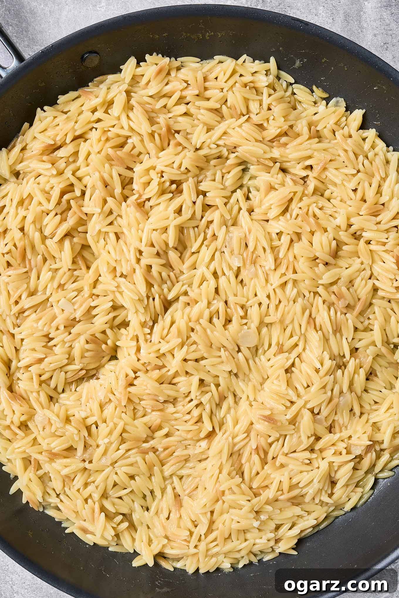 Cooked orzo in a skillet, tender and fluffy after simmering in chicken broth for shrimp scampi with orzo.