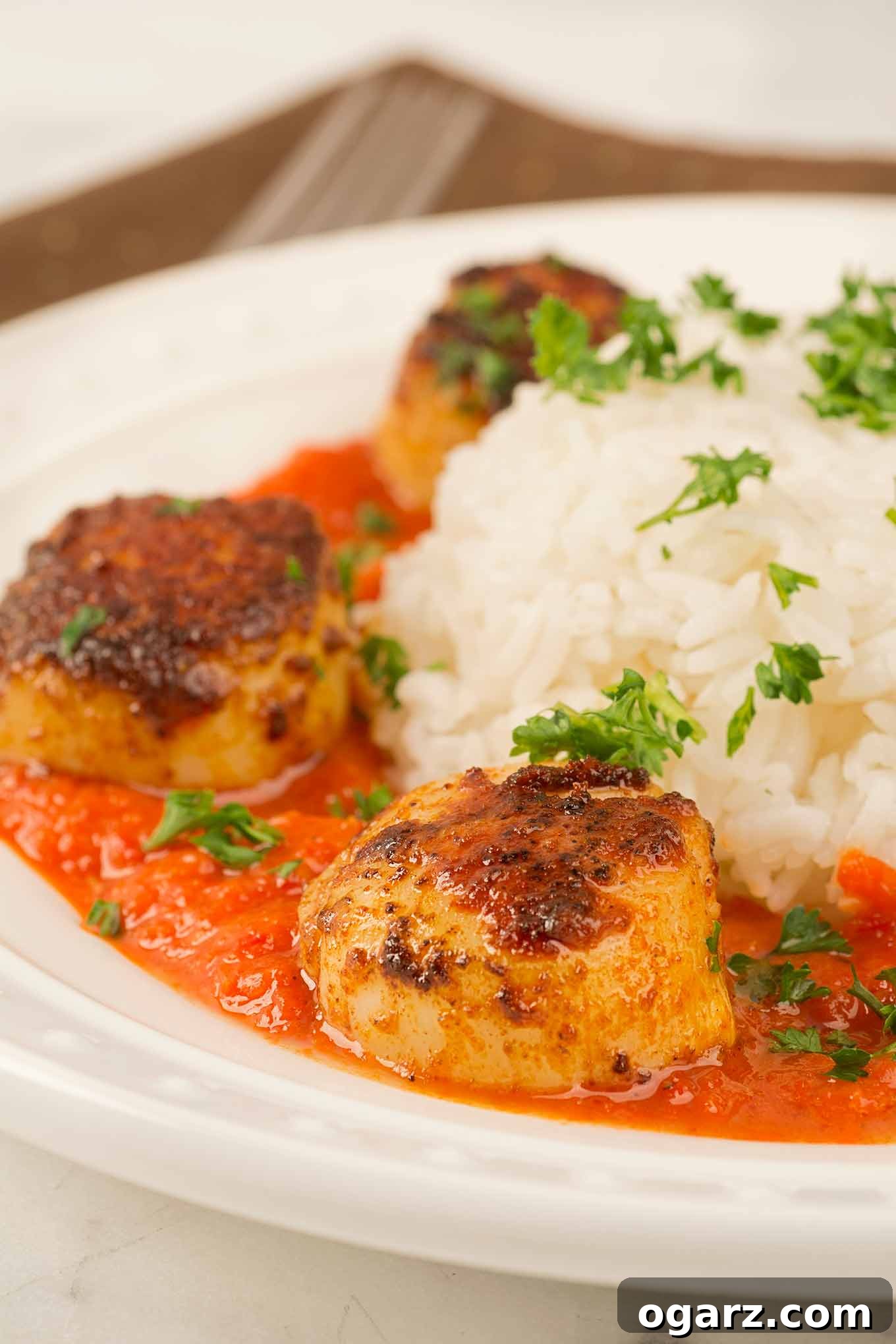 Seared Scallops with Vibrant Red Pepper Reduction 3 A close view of paprika-crusted, pan-seared scallops in roasted red pepper sauce, with steamed white rice, garnished with chopped parsley.