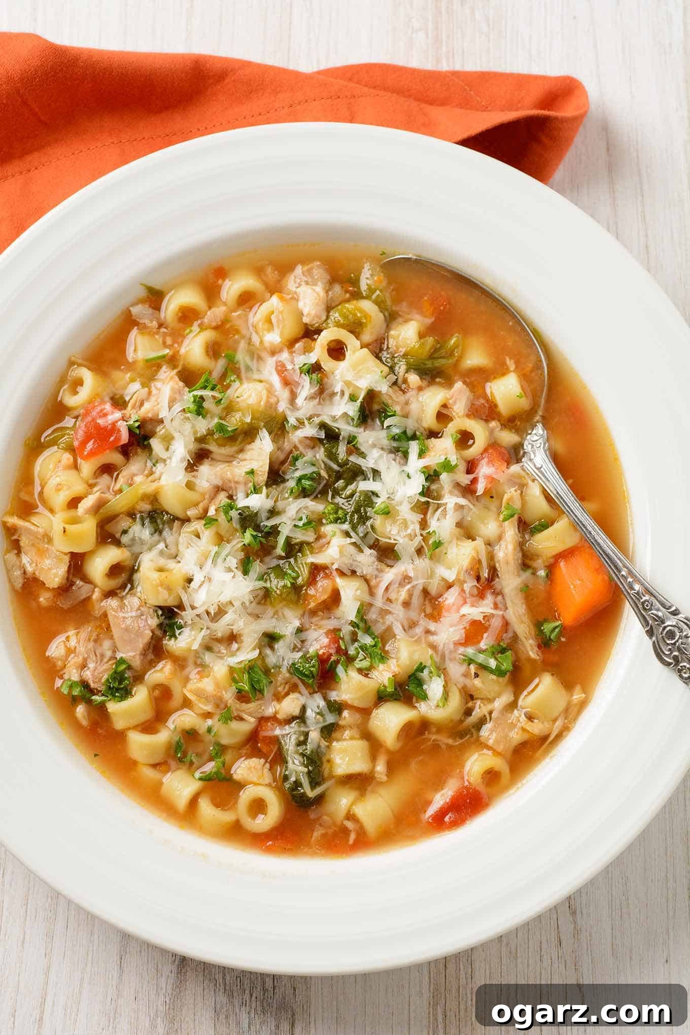 A comforting bowl of Italian chicken soup, featuring small ditalini pasta, vibrant carrots, tender escarole, and succulent chicken pieces. It's garnished with a generous sprinkle of grated Parmesan cheese and fresh chopped parsley, ready to be enjoyed.