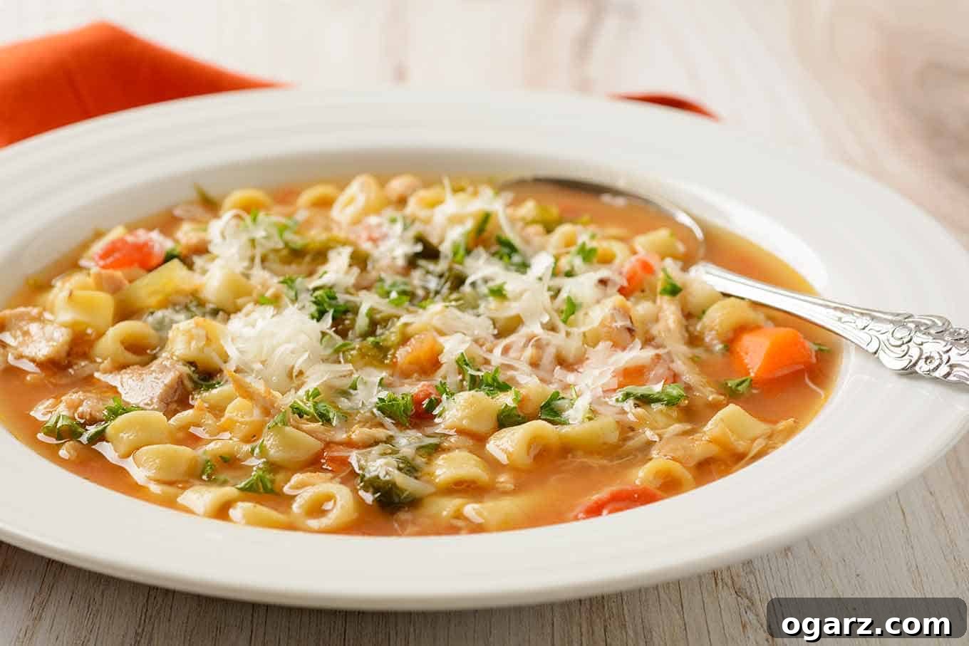 A vibrant close-up of a bowl of homemade Italian chicken soup, featuring generous chunks of tender chicken, tiny ditalini pasta, bright orange carrots, fresh wilted escarole, and diced tomatoes, all topped with a sprinkle of grated Parmesan cheese and fresh parsley.