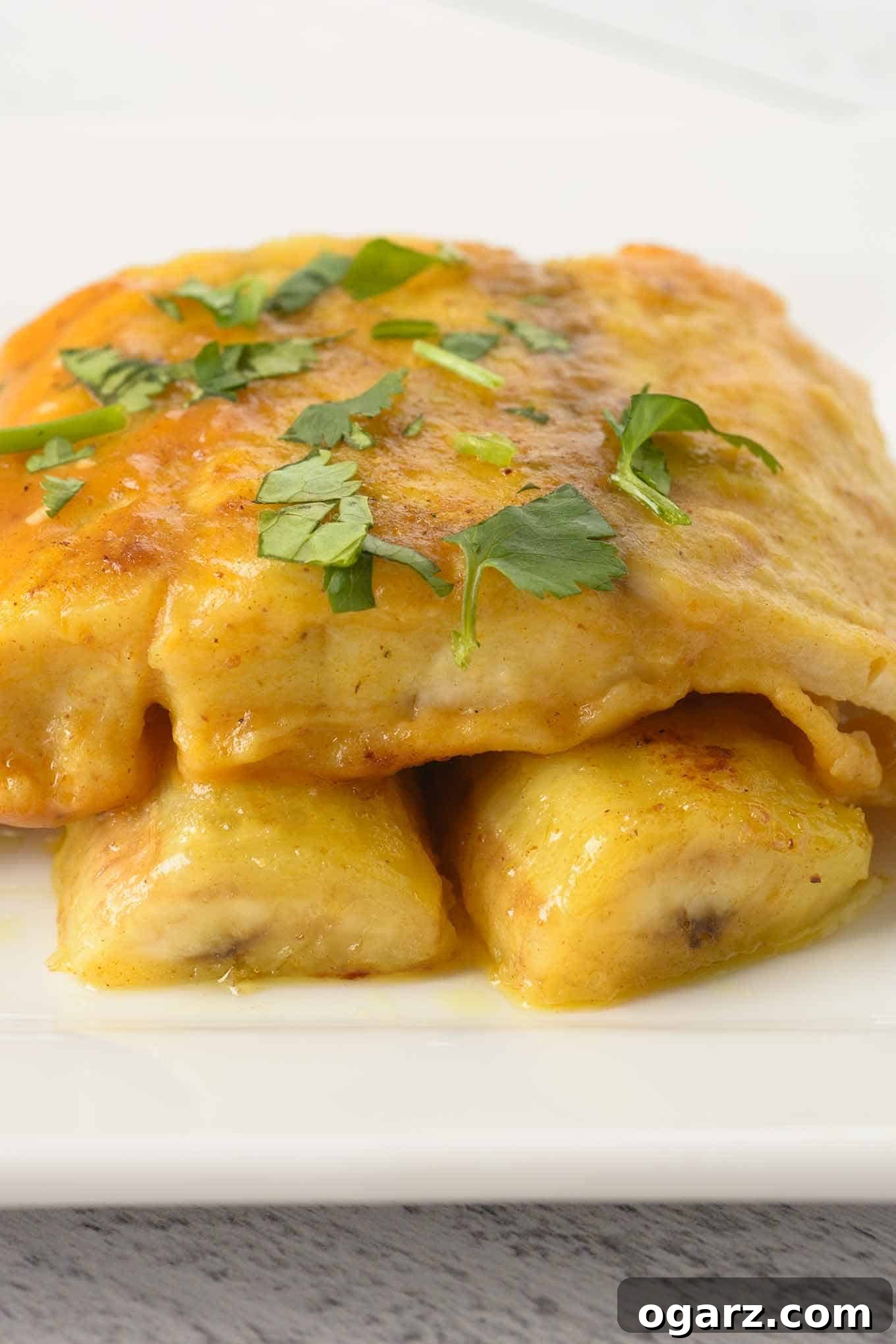 A single serving of a pan-fried fish fillet served over sautéed bananas coated in a light curry sauce, garnished with fresh cilantro.