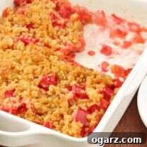 Sunshine Rhubarb Pineapple Crisp 3 A smaller image of the white casserole dish with Rhubarb Pineapple Crisp.