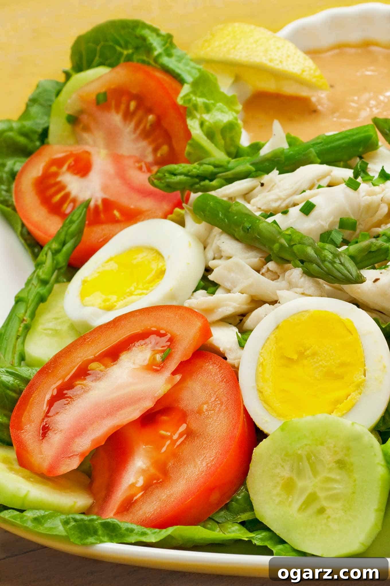 Sumptuous Crab Louie Salad 2 A beautifully presented Crab Louie salad on a white plate, featuring crisp romaine lettuce, ripe tomato wedges, fresh cucumber slices, perfectly hard-cooked eggs, succulent lump crab meat, steamed asparagus spears, and a vibrant lemon wedge, all drizzled with creamy Louie dressing.
