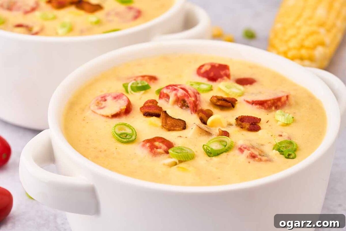 Smoky Bacon & Tomato Corn Chowder 4 A close-up view of a white ceramic soup crock filled with creamy corn chowder, expertly garnished with perfectly crispy bacon pieces, thinly sliced green scallions, bright yellow corn kernels, and juicy halved grape tomatoes, highlighting the dish's appealing textures and colors.