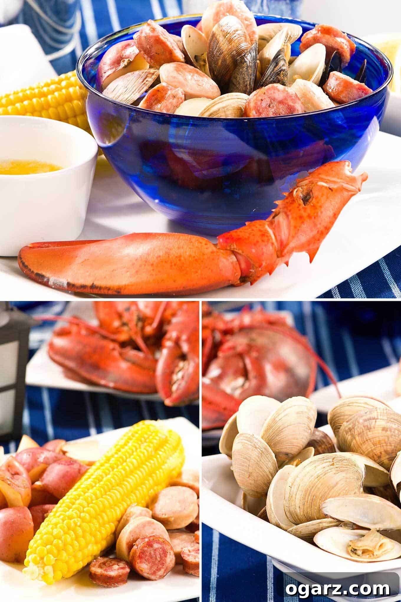 Home Clambake Delight 7 A vibrant collage showcasing the essential ingredients for a stovetop clambake, including plump ears of corn, hearty red potatoes, savory smoked sausage, a bowl of rich melted butter, and a steaming portion of fresh clams, all ready for the cooking process.