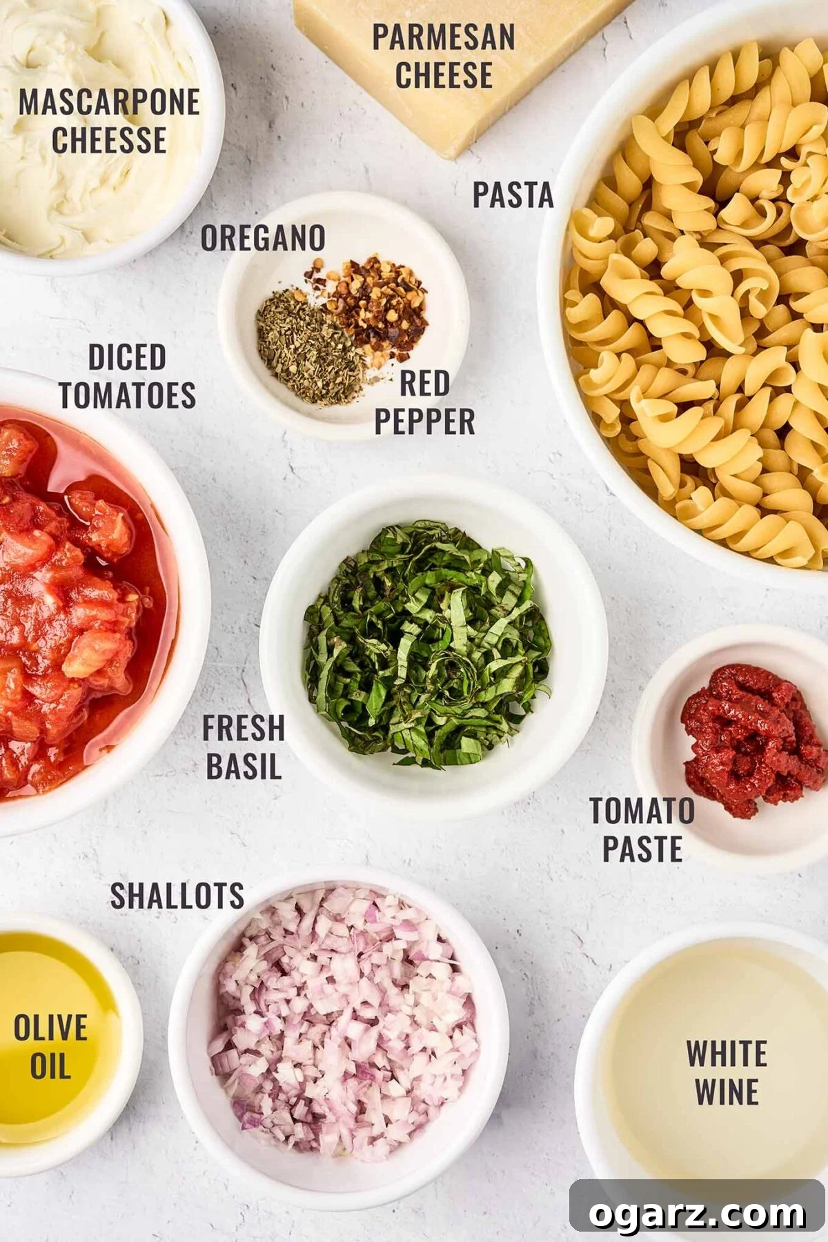 A labeled overhead view of the ingredients needed to make creamy tomato pasta with mascarpone; pasta, Parmesan cheese, mascarpone, diced tomatoes, fresh basil, shallots, white wine, tomato paste, and olive oil.