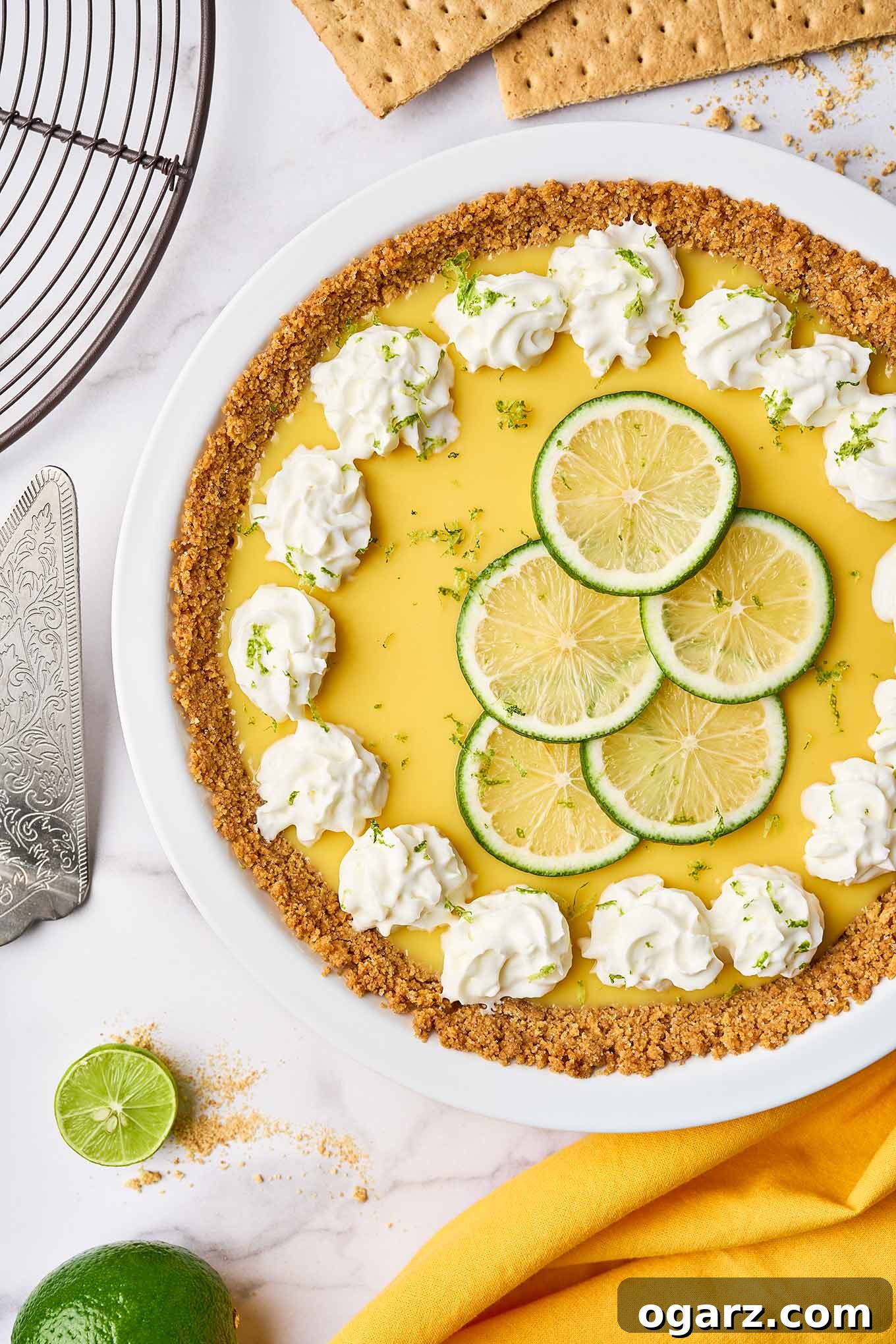 Sunshine State Key Lime Pie 2 Creamy Florida key lime pie filling in a white pie plate on a marble background, topped with thin lime slices, lime zest and dollops of whipped cream.
