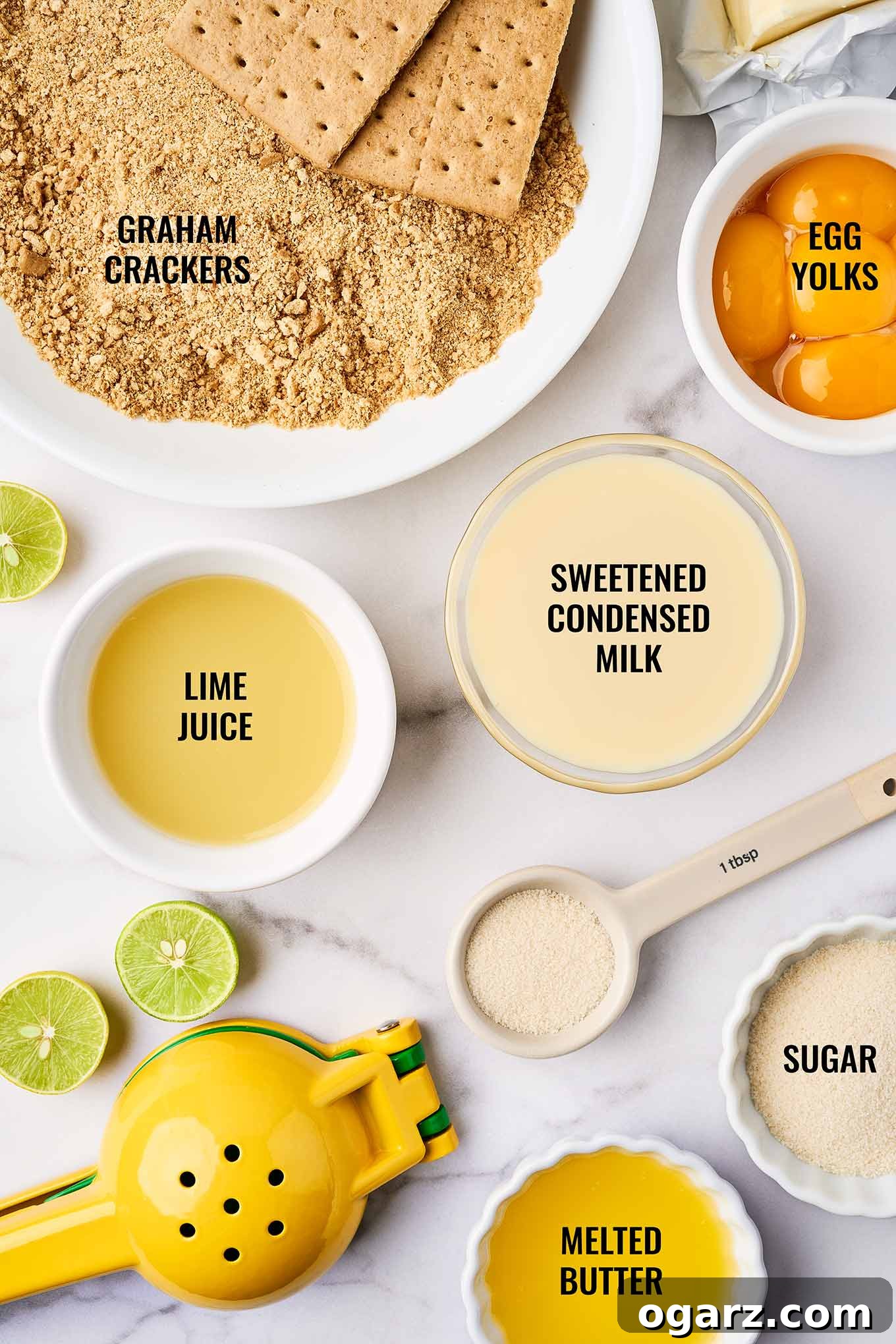 Sunshine State Key Lime Pie 3 Ingredients for Florida key lime pie including crushed graham crackers, melted butter, egg yolks, sweetened condensed milk, sugar and fresh squeezed key lime juice.