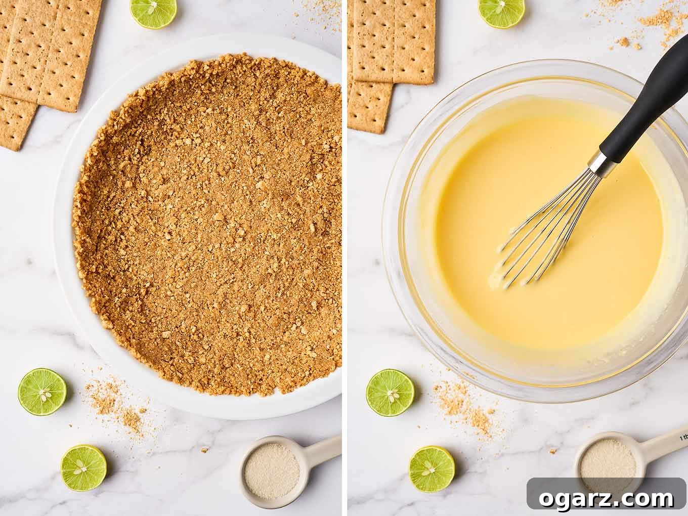 Sunshine State Key Lime Pie 4 Two prep photos for Key lime pie, graham cracker crust ready to be baked (left), filling of sweetened condensed milk, lime juice and egg yolks (right).