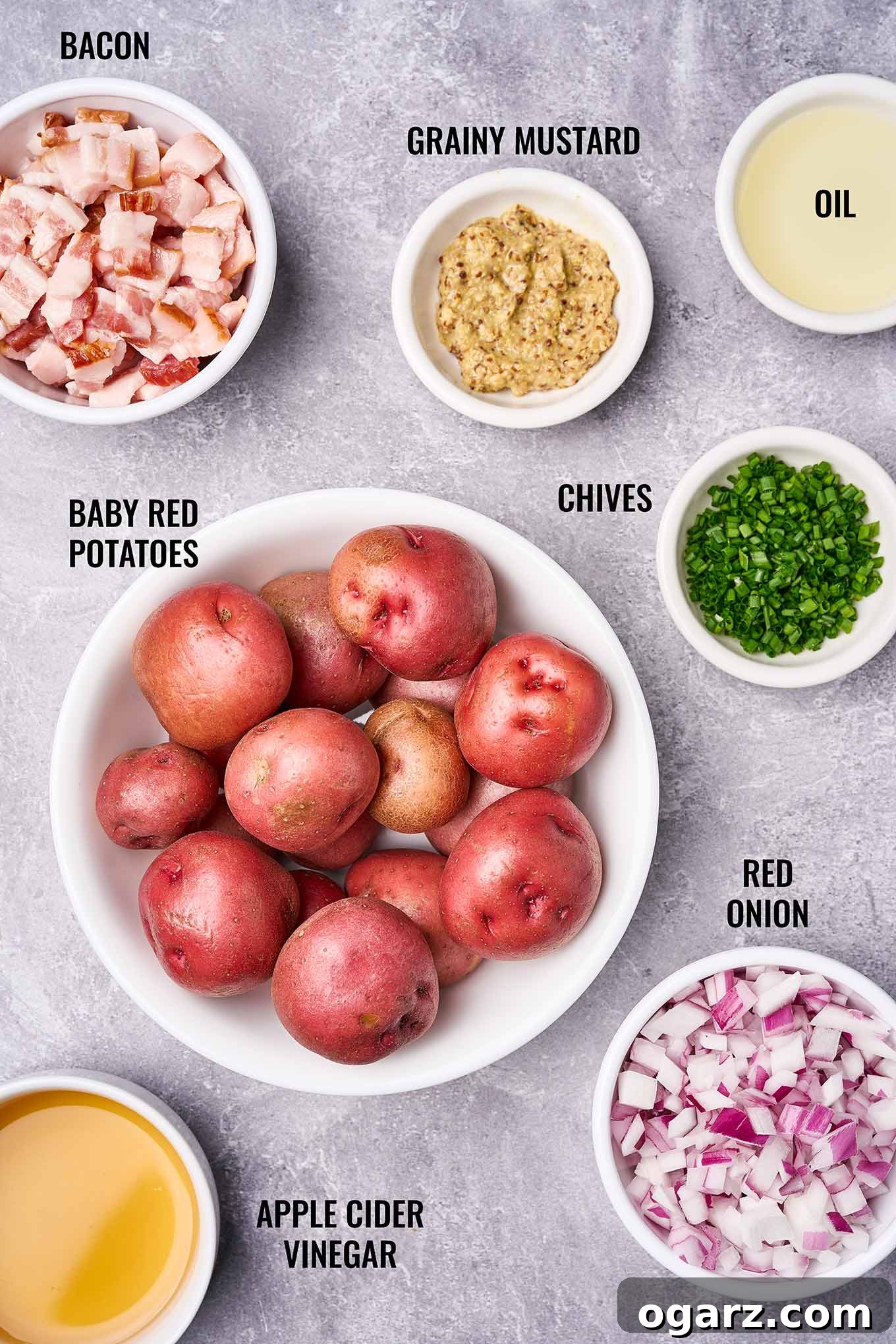 Authentic Warm German Potato Salad 3 A labeled, overhead view of the ingredients need to make German potato salad including baby red potatoes, red onion, vinegar, chives, bacon, and mustard.