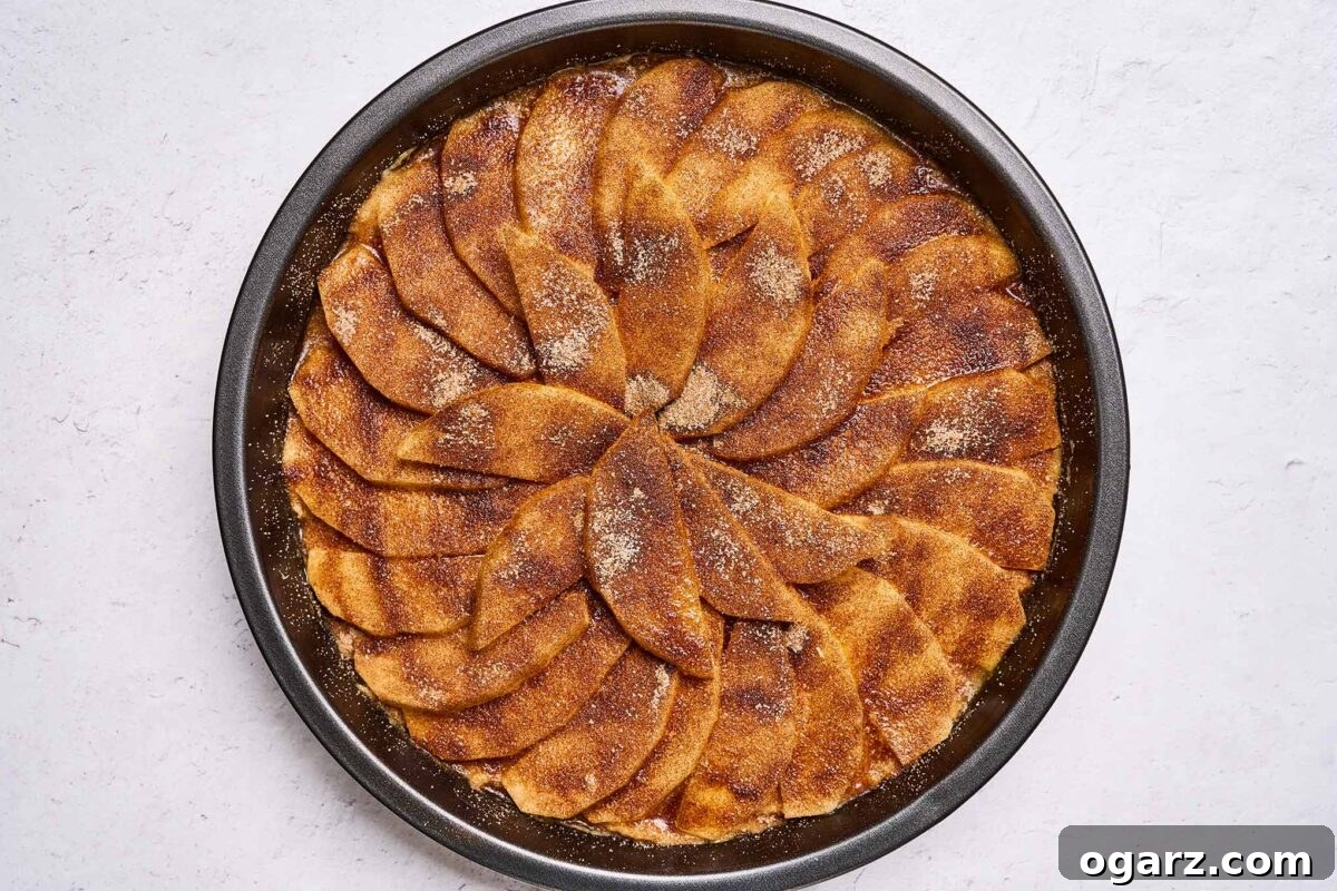 Golden Delicious apple cake dusted with cinnamon sugar and ready for the oven.