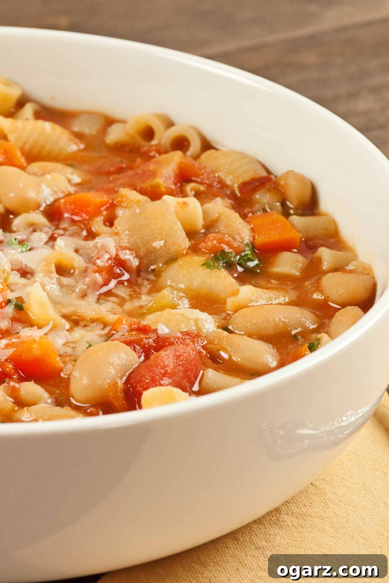 Hearty Italian Pasta and Beans 2 A hearty bowl of Pasta e Fagioli soup, brimming with cannellini beans, ditalini pasta, and colorful vegetables in a rich tomato broth, garnished with fresh parsley and grated Parmesan cheese.