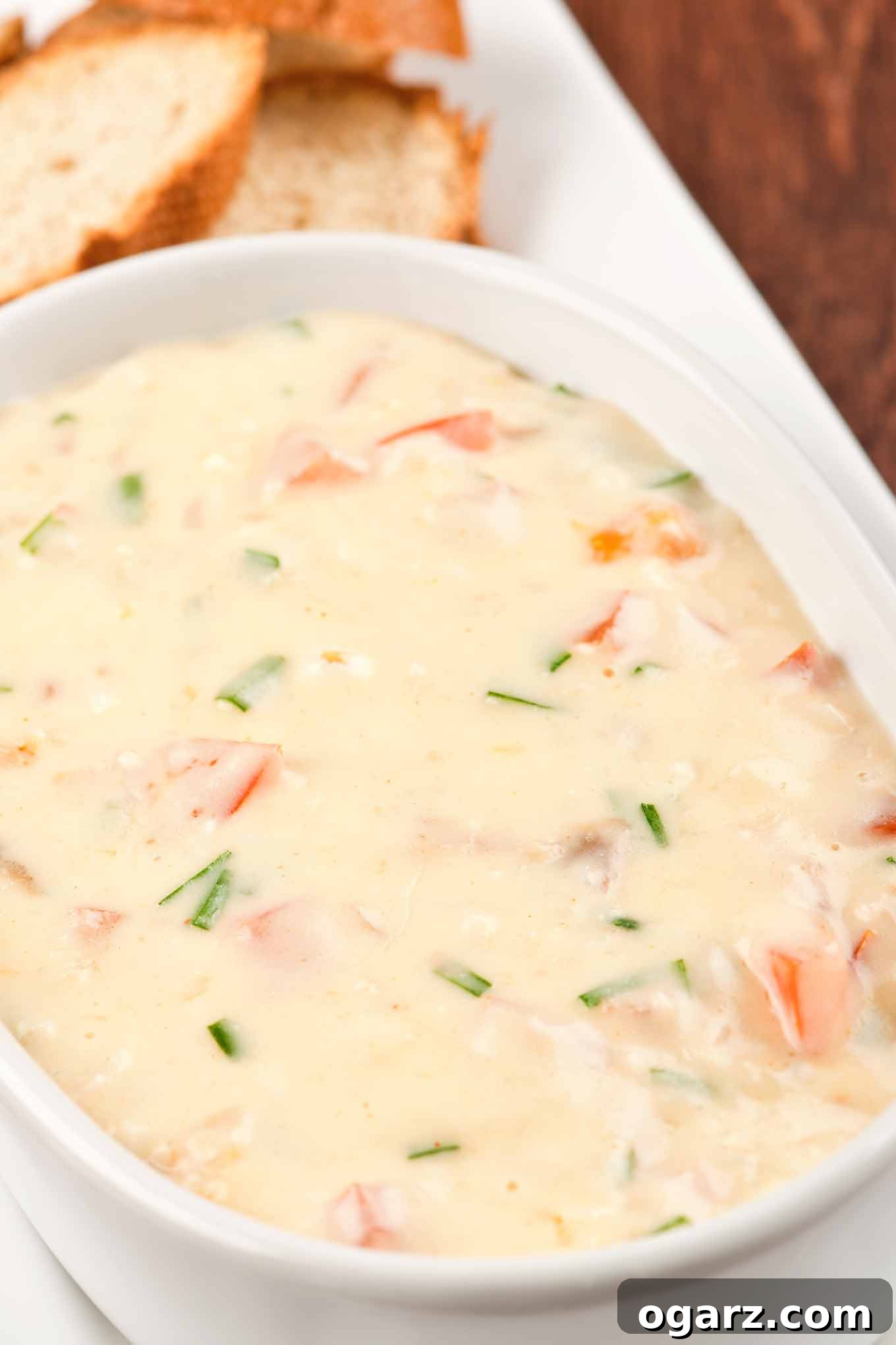 Smoked fish and Dubliner cheese dip in a serving bowl alongside toasted baguette rounds, a perfect hot appetizer for gatherings.