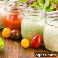 Four glass jars filled with ranch, green goddess, French, and blue cheese salad dressings, surrounded by cherry tomatoes and a cucumber, with a plate of mixed greens in the background.